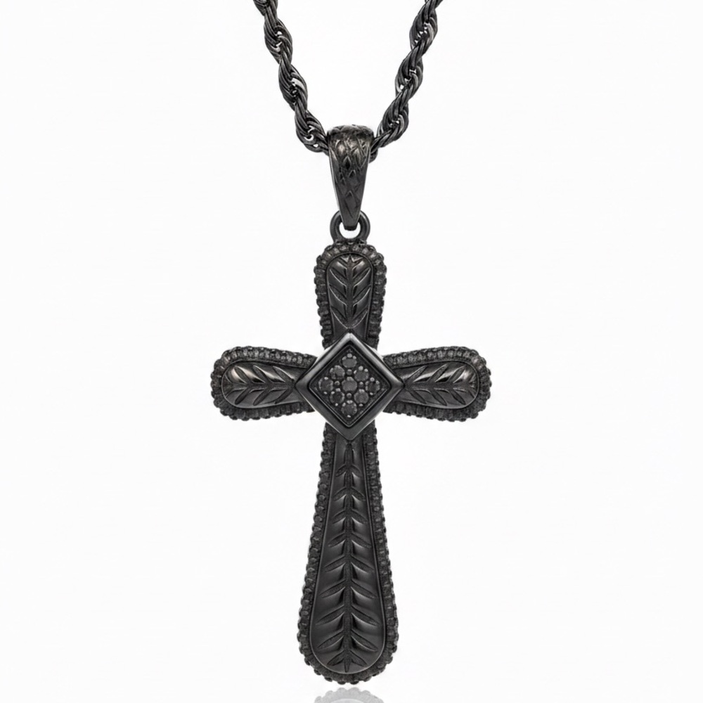 Engraved Black Cross Pendant Necklace (Stainless Steel, 24” Chain Included)